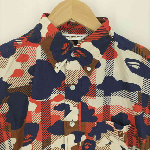 アベイシングエイプ A BATHING APE ワンポイント エイプヘッド 刺繍 マルチカラー チェック ABC CAMO L/S ボタンダウン ポケット シャツ メンズ JPN:M