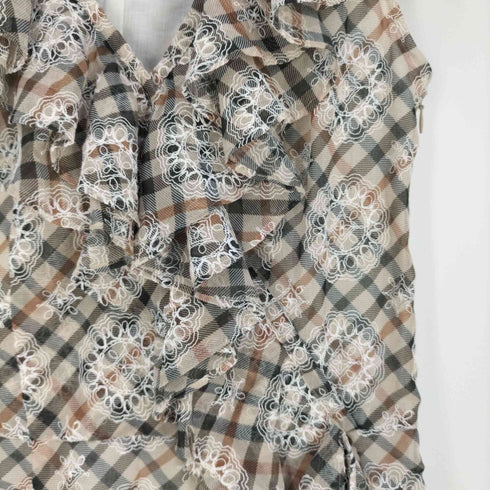 ダックスロンドン DAKS LONDON チェック柄 刺繍 ノースリーブフリルワンピース レディース 38