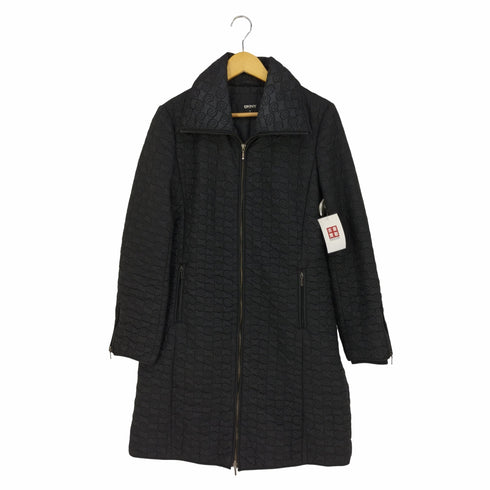 ダナキャランニューヨーク DKNY 渦巻柄 ダブルジップ ハイネックAライン ナイロン ダウンコート レディース import:S