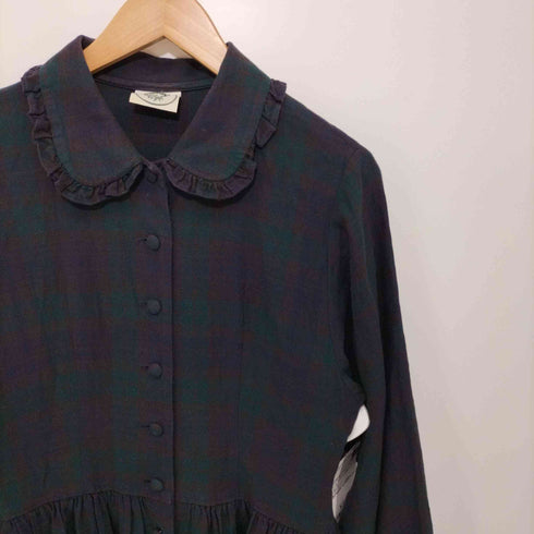 ローラアシュレイ LAURA ASHLEY チェック柄フリル丸襟ロングシャツワンピース ブラックウォッチ レディース 11AR