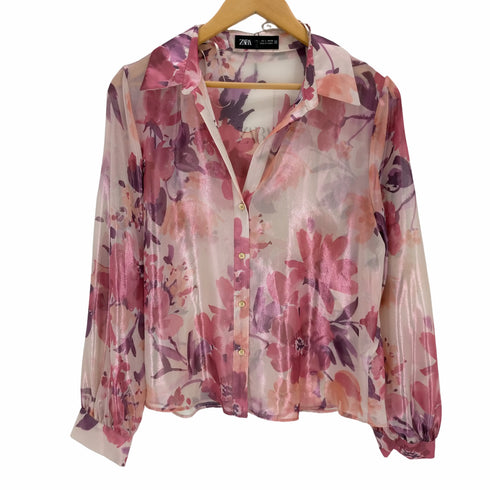 ザラ ZARA Robert Graham Avondale Paisly Floral-Print Shirt レディース L