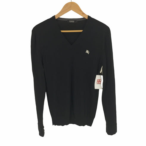 バーバリーブラックレーベル BURBERRY BLACK LABEL ワンポイント ロゴ 刺繍 Vネック ウール ニット メンズ JPN:2