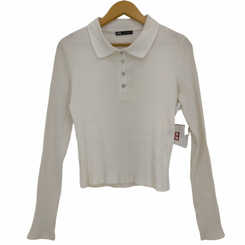 ザラ ZARA Ribbed Polo White Long Sleeve Button NWT レディース import:L