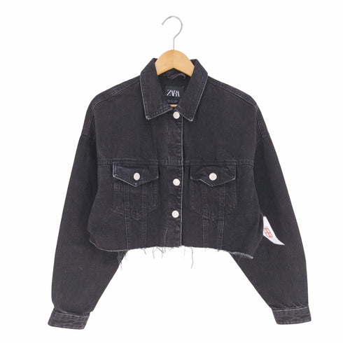 ザラ ZARA クロップド丈 ブラックデニムジャケット レディース import:M