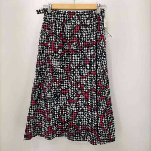 ハナエモリ HANAE MORI コットン混リネン ギンガムチェック 花柄スカート レディース JPN:38