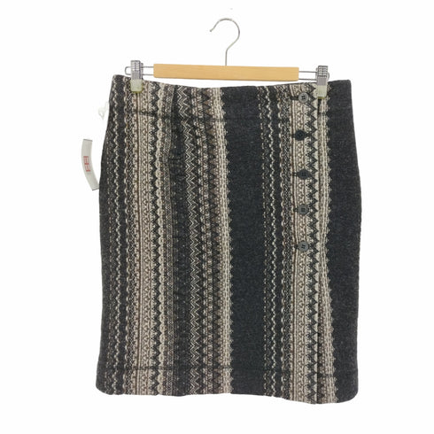 イッセイミヤケハート ISSEY MIYAKE HaaT ウール ストライプ デザイン ラップ スカート ひざ丈 タイト 2 黒 茶 アイボリー /DF ■OS レディース JPN:2