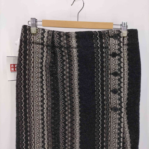 イッセイミヤケハート ISSEY MIYAKE HaaT ウール ストライプ デザイン ラップ スカート ひざ丈 タイト 2 黒 茶 アイボリー /DF ■OS レディース JPN:2