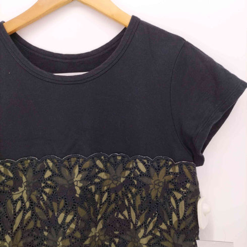 ステラシフォン STELLA CIFFON 半袖 台形 膝丈 切替 フラワーカットワーク 刺繍 ラウンドネック ミニ丈 ワンピース レディース JPN:36