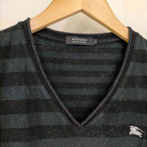 バーバリーブラックレーベル BURBERRY BLACK LABEL ロゴ刺繍 ボーダー Vネック カットソー メンズ JPN:2