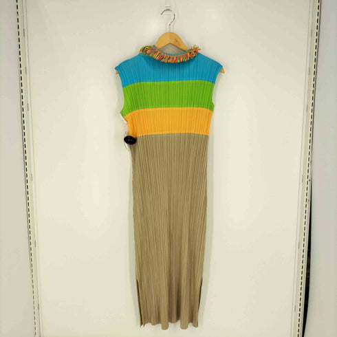 プリーツプリーズイッセイミヤケ PLEATS PLEASE ISSEY MIYAKE フリンジデザイン ハイネック マルチカラー プリーツ ノースリーブワンピース レディース JPN:3