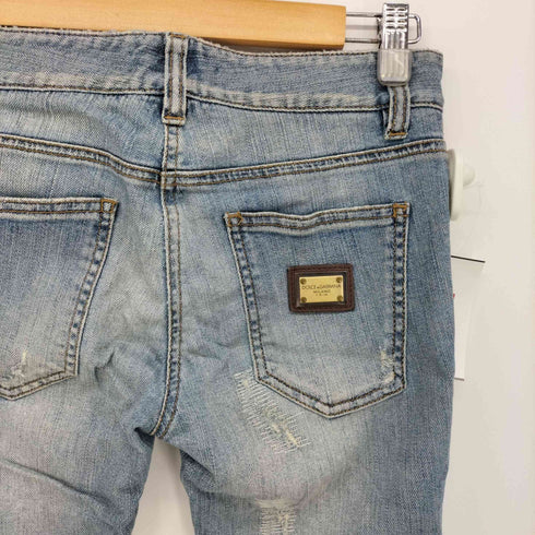 ドルチェアンドガッバーナ DOLCE&GABBANA イタリア製 メタル ロゴ プレート ダメージ加工 デニム パンツ ジーンズ スリム レディース JPN:38