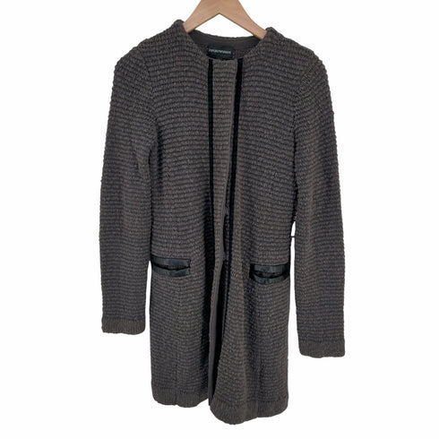 エンポリオアルマーニ EMPORIO ARMANI カーディガン ニット クルーネック 長袖 ロング レザーパイピング レディース EUR:40