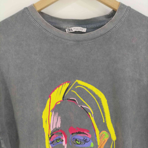 ザラ ZARA フェルトプリント ウォッシュドクルーネックTシャツ レディース import:L