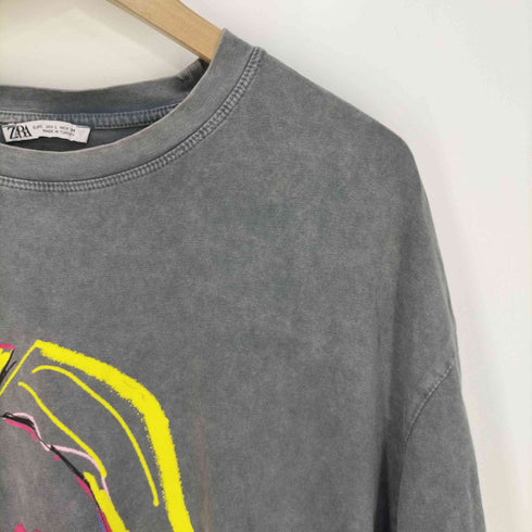 ザラ ZARA フェルトプリント ウォッシュドクルーネックTシャツ レディース import:L