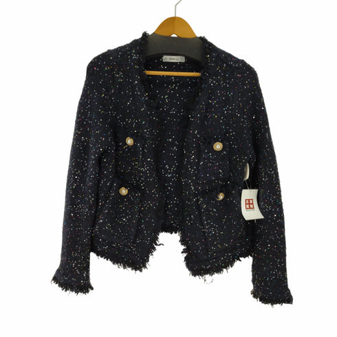 ザラ ZARA KNIT フリンジ ノーカラージャケット ニット カーディガン スパンコール レディース S