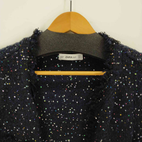 ザラ ZARA KNIT フリンジ ノーカラージャケット ニット カーディガン スパンコール レディース S