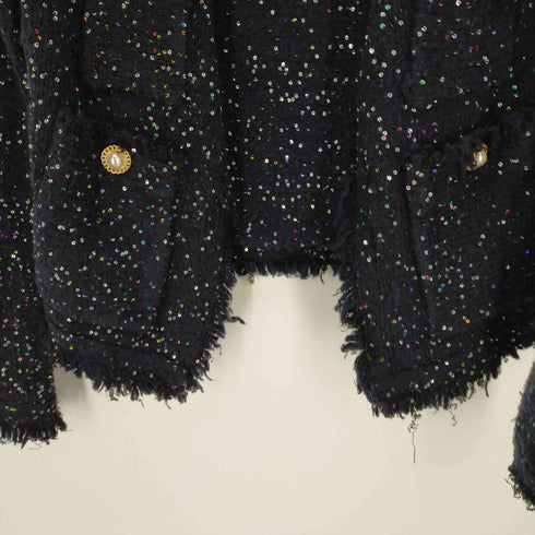 ザラ ZARA KNIT フリンジ ノーカラージャケット ニット カーディガン スパンコール レディース S