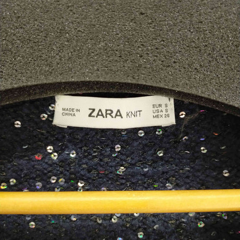 ザラ ZARA KNIT フリンジ ノーカラージャケット ニット カーディガン スパンコール レディース S