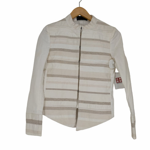 スーパーファイン superfine 切替ボーダージャケット ノーカラー 薄手 ミドル丈 S オフホワイト レディース JPN:S