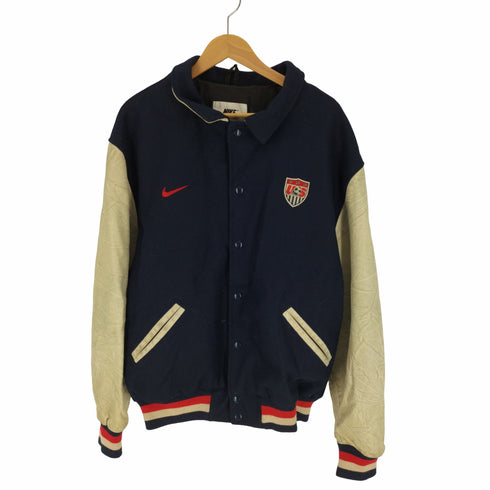 ナイキ NIKE 90S 銀タグ USA製 VARSITY JACKET スウッシュ サッカー エンブレム 刺繍 袖レザー メルトンウール スタジャン バーシティジャケット メンズ import:XL