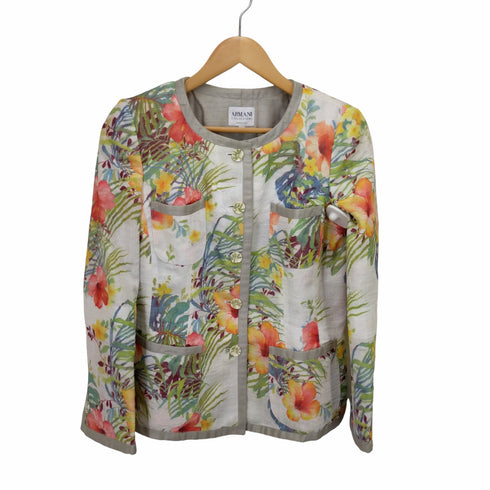 アルマーニコレツィオーニ ARMANI COLLEZIONI リネン混花柄ノーカラージャケット レディース 40