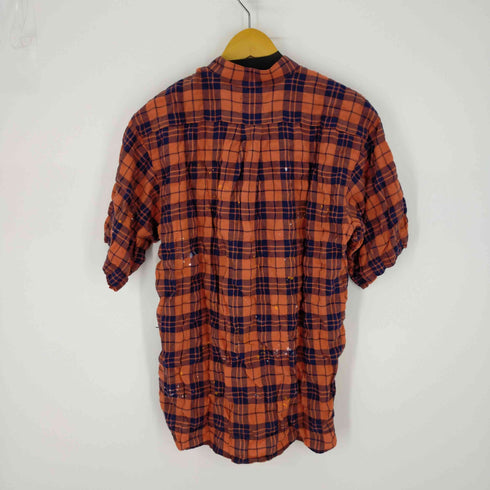 ビッグジョン BIG JOHN シャツ 半袖 チェック バンドカラー ペイント加工 メンズ JPN:M