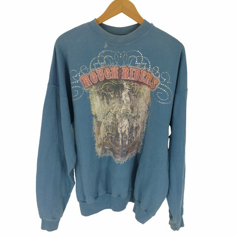 90-00S Hanes ボディ 2枚タグ ラインストーン ROUGH RIDERS プリント スウェット メンズ import:XL