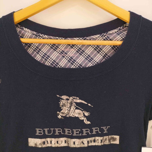 バーバリーブルーレーベル BURBERRY BLUE LABEL フロントプリント ラインストーンロゴ Uネックカットソー レディース 38