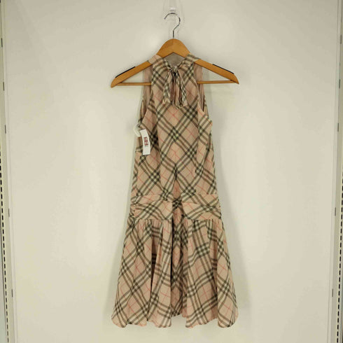 バーバリーロンドンブルーレーベル BURBERRY LONDON BLUE LABEL ノバチェック バックリボン ウール Vネックワンピース レディース 38