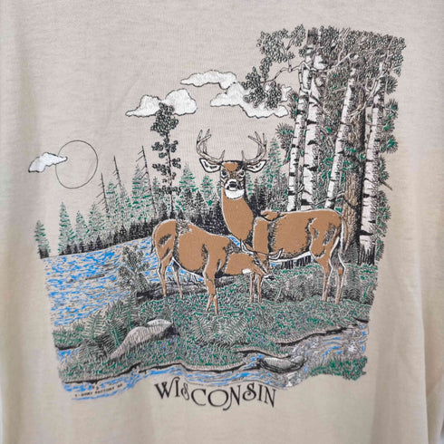 袖裾シングルステッチ 鹿 アニマル Tシャツ メンズ