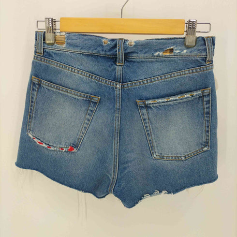 サンローランパリ SAINT LAURENT PARIS ロゴ刺繍 チェック柄 ダメージ デニム ショート パンツ レディース