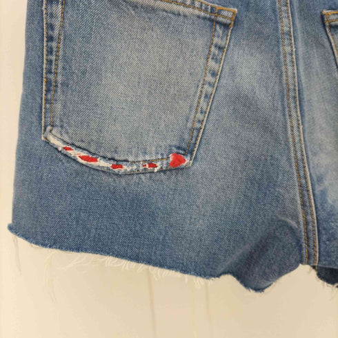 サンローランパリ SAINT LAURENT PARIS ロゴ刺繍 チェック柄 ダメージ デニム ショート パンツ レディース