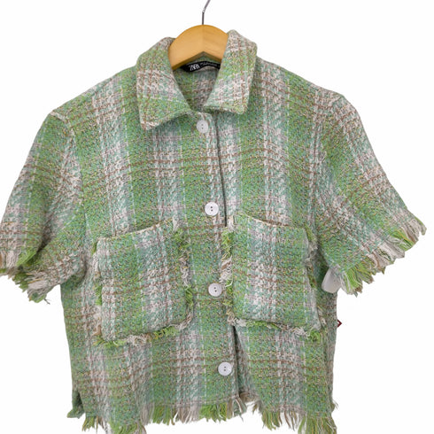 ザラ ZARA チェック編み込みショートスリーブジャケット レディース import:S