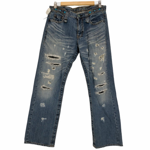 00s Y2K スタッズ ターコイズ ダメージ&リペア デニムパンツ クラッシュ デストロイ メンズ 34 (LL)