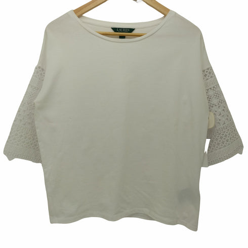 ローレンラルフローレン LAUREN RALPH LAUREN 袖レース切替 クルーネックTシャツ レディース import:S