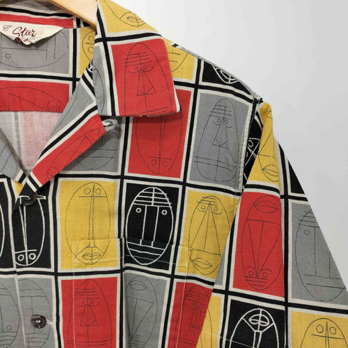 スターオブハリウッド STAR OF HOLLYWOOD 50S USA製 抽象画 ABSTRACT FACE 総柄 オープンカラーシャツ メンズ M