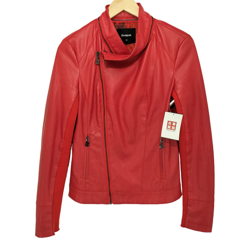 デシグアル Desigual 背面刺繍袖切替変形フェイクレザージャケット Red Faux Leather Biker Jacket レディース 36