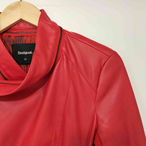 デシグアル Desigual 背面刺繍袖切替変形フェイクレザージャケット Red Faux Leather Biker Jacket レディース 36