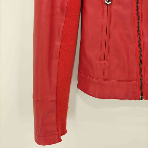 デシグアル Desigual 背面刺繍袖切替変形フェイクレザージャケット Red Faux Leather Biker Jacket レディース 36