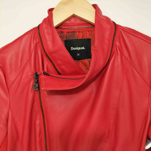 デシグアル Desigual 背面刺繍袖切替変形フェイクレザージャケット Red Faux Leather Biker Jacket レディース 36