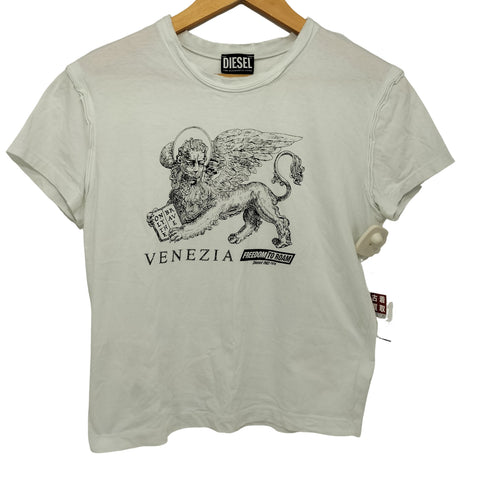 ディーゼル DIESEL Y2K ライオンベネチア ラインストーンTシャツ 首リブクラッシュミニトップス レディース