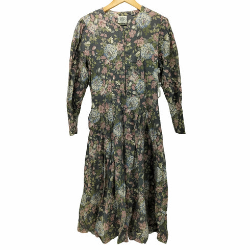 ローラアシュレイ LAURA ASHLEY 花柄 ノーカラー くるみボタン 総柄 ワンピース レディース 11AR