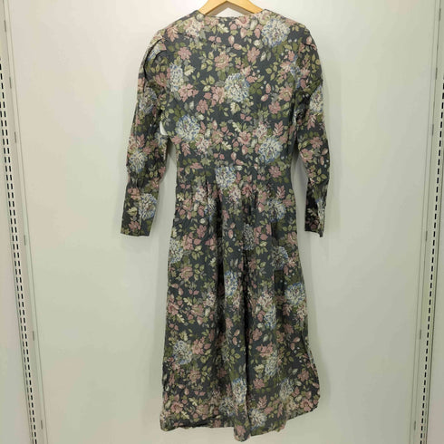 ローラアシュレイ LAURA ASHLEY 花柄 ノーカラー くるみボタン 総柄 ワンピース レディース 11AR