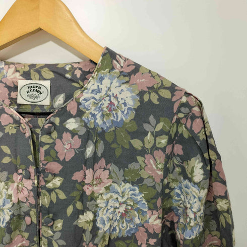 ローラアシュレイ LAURA ASHLEY 花柄 ノーカラー くるみボタン 総柄 ワンピース レディース 11AR