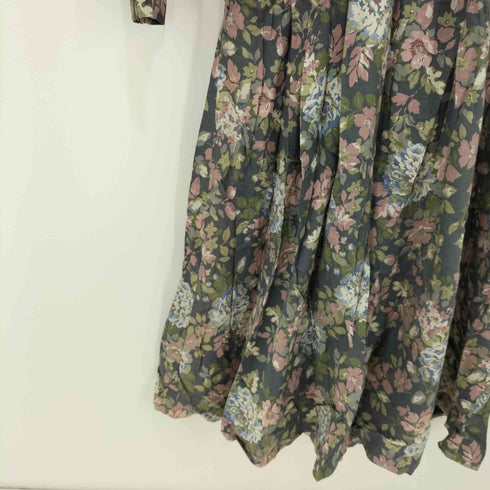 ローラアシュレイ LAURA ASHLEY 花柄 ノーカラー くるみボタン 総柄 ワンピース レディース 11AR