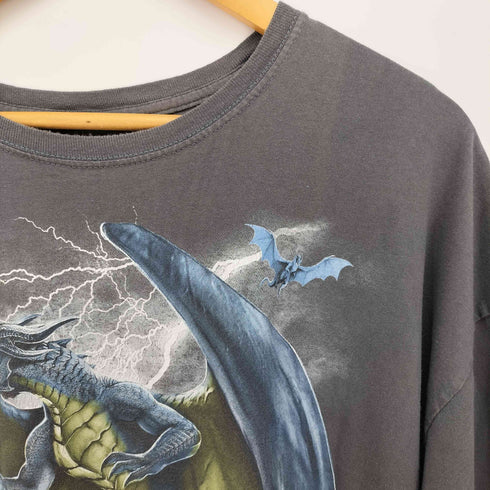 dom Dragon Lightning Castle Graphic Art Gray T Shirt ドラゴン プリント クルーネック Tシャツ メンズ import:XXL