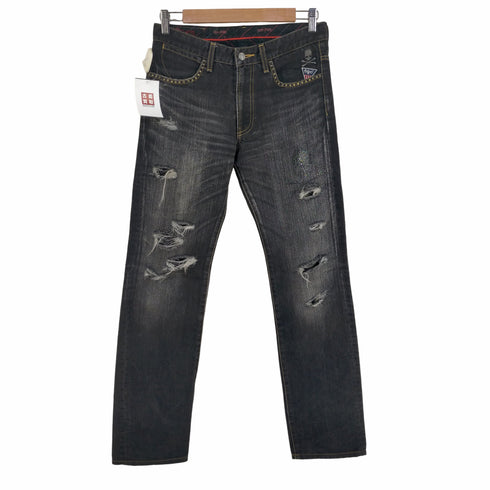 ロエン ジーンズ roen jeans 銀糸 スカルワッペン ラインストーン クラッシュブラックデニムパンツ メンズ 30