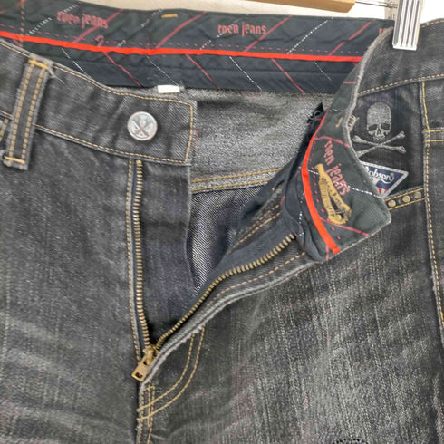 ロエン ジーンズ roen jeans 銀糸 スカルワッペン ラインストーン クラッシュブラックデニムパンツ メンズ 30