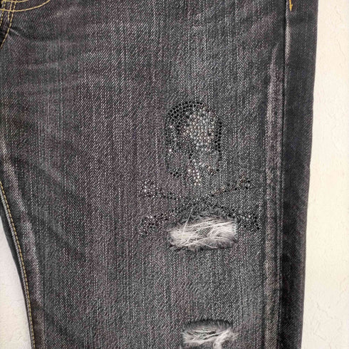 ロエン ジーンズ roen jeans 銀糸 スカルワッペン ラインストーン クラッシュブラックデニムパンツ メンズ 30