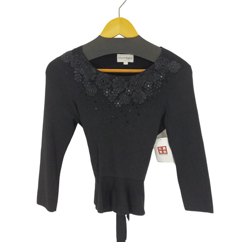 クレージュ courreges 花刺繍 スパンコール長袖カットソー ビーズ レディース 36